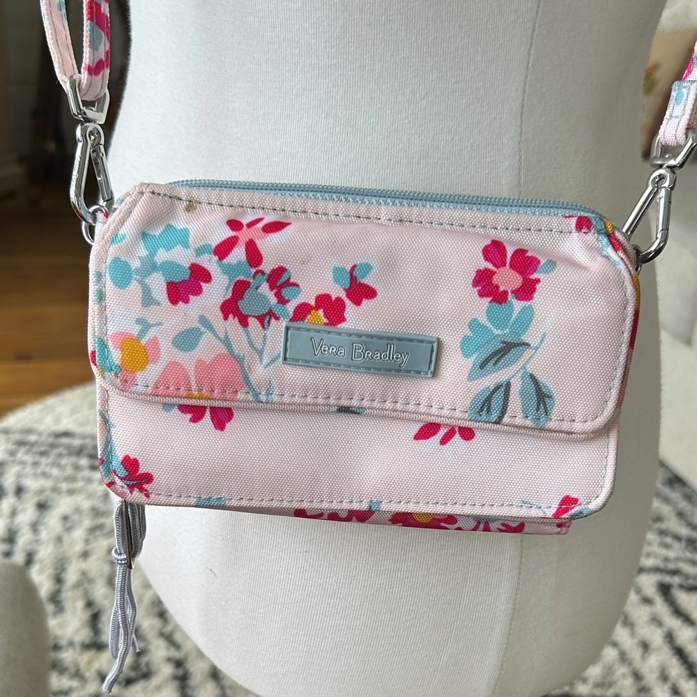 Vera Bradley Crossbody Wallet | Floral RFID Zip Wallet Bag Pink and Blue